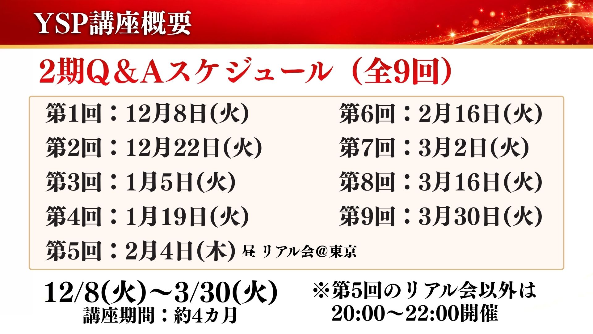 YSP講座概要：2期Q&Aスケジュール全9回 12/8(火)〜3/30(火)、講座期間約4カ月、第5回2/4(木)昼リアル会@東京、それ以外は20:00〜22:00開催
